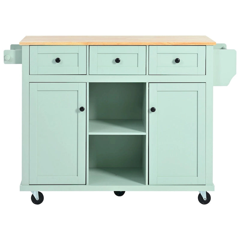 Kitchen Cart with Rubber wood Drop-Leaf Countertop ,Kitchen Island on 5 Wheels with Storage Cabinet and 3 Drawers