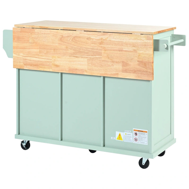 Kitchen Cart with Rubber wood Drop-Leaf Countertop ,Kitchen Island on 5 Wheels with Storage Cabinet and 3 Drawers