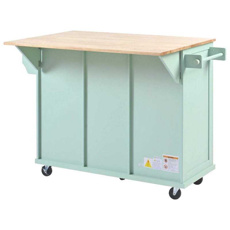 Kitchen Cart with Rubber wood Drop-Leaf Countertop ,Kitchen Island on 5 Wheels with Storage Cabinet and 3 Drawers