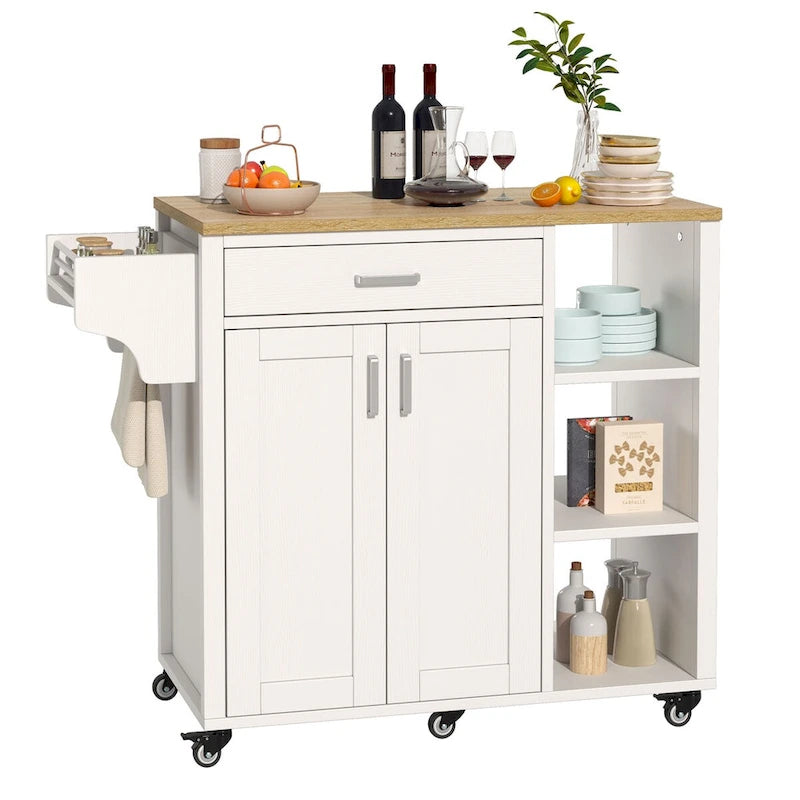 Rolling Kitchen Island on Wheels with Drawer Open Shelves & Doors