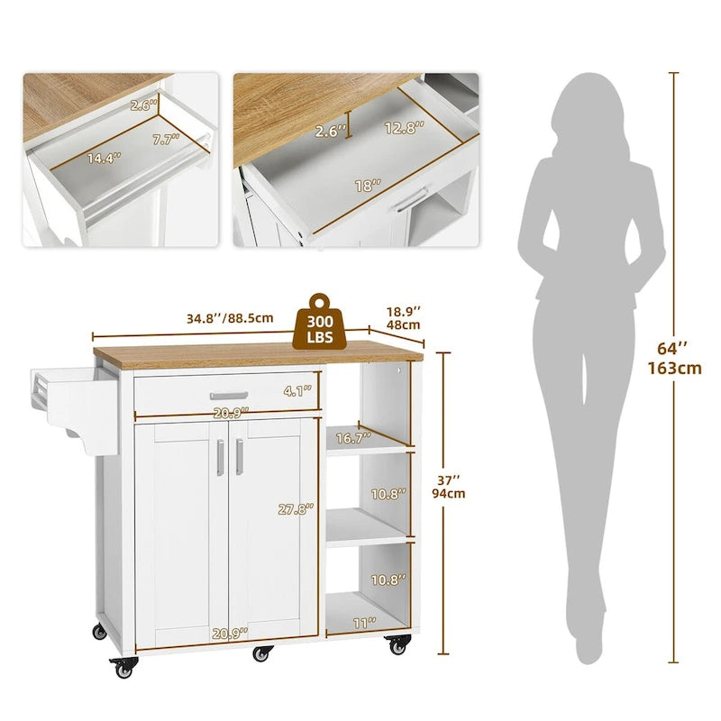Rolling Kitchen Island on Wheels with Drawer Open Shelves & Doors