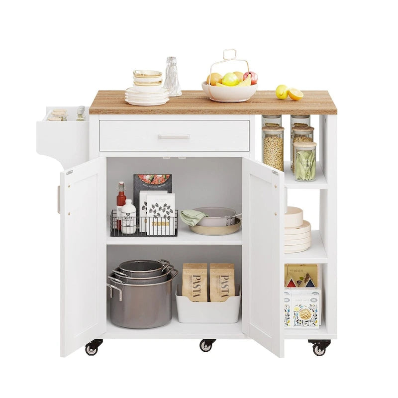 Rolling Kitchen Island on Wheels with Drawer Open Shelves & Doors