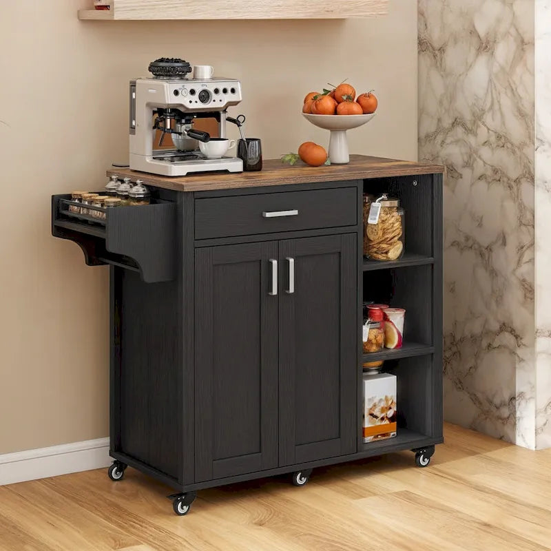 Rolling Kitchen Island on Wheels with Drawer Open Shelves & Doors
