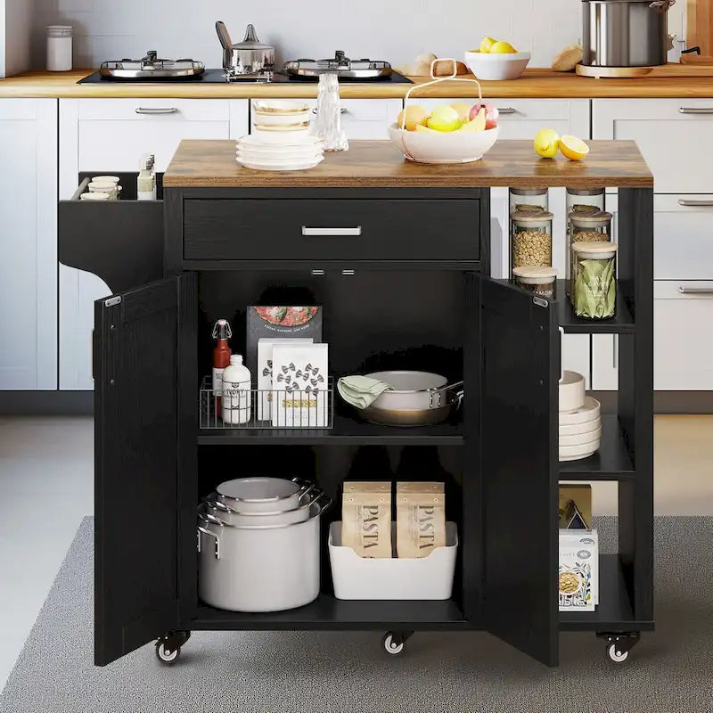 Rolling Kitchen Island on Wheels with Drawer Open Shelves & Doors
