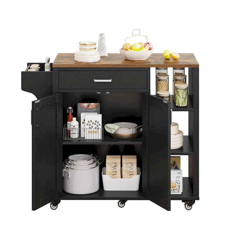 Rolling Kitchen Island on Wheels with Drawer Open Shelves & Doors
