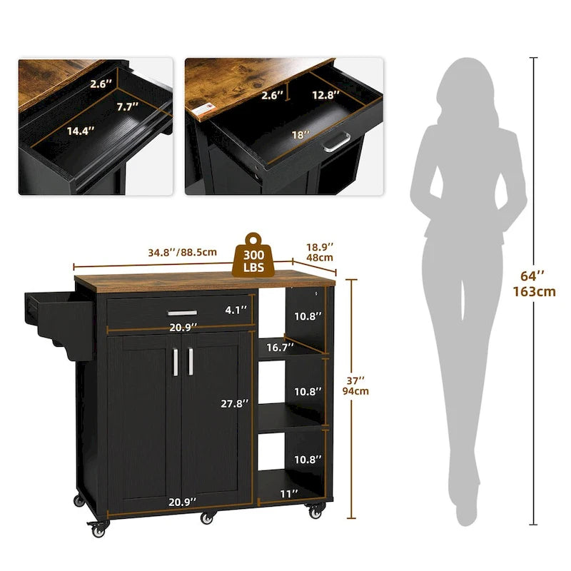 Rolling Kitchen Island on Wheels with Drawer Open Shelves & Doors