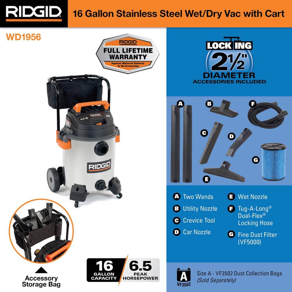 16 Gallon 6.5 Peak HP Stainless Steel Wet/Dry Shop Vacuum with Fine Dust Filter, Locking Hose and Accessories WD1956