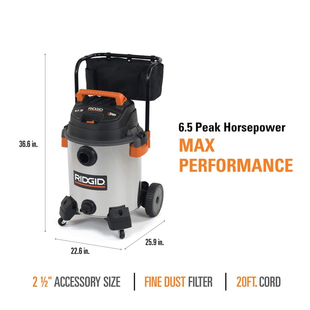 16 Gallon 6.5 Peak HP Stainless Steel Wet/Dry Shop Vacuum with Fine Dust Filter, Locking Hose and Accessories WD1956